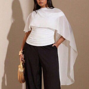 Plus Size White Casual Women's Asymmetric Shoulder Slim Fitted Blouse